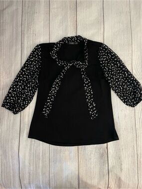 CURE Women’s Black Tie-Neck Blouse with Printed Dotted Sleeves Size Medium